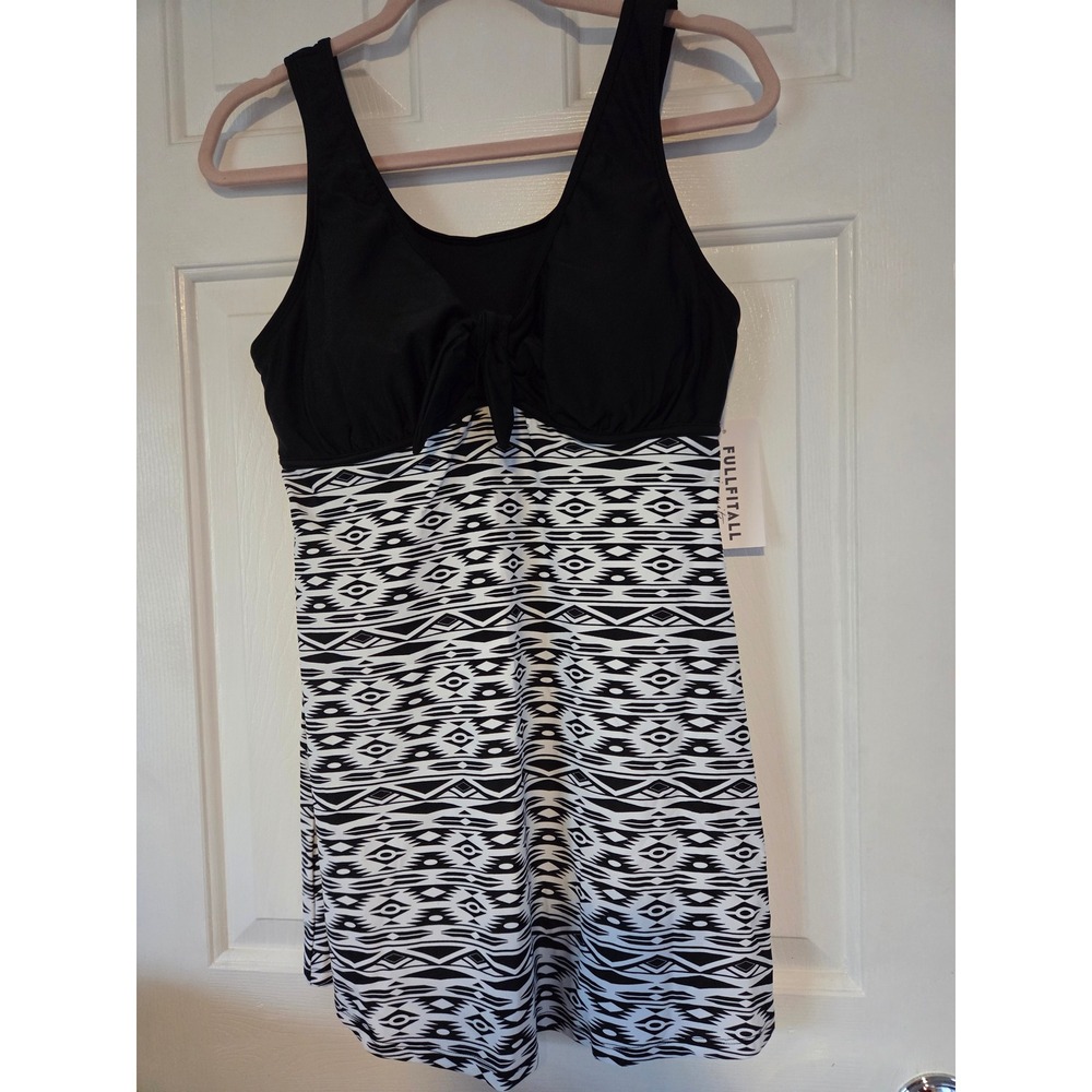 Fullfitall Women Black White Geometric Print Tie Front Swim Dress Size 14 NEW‎